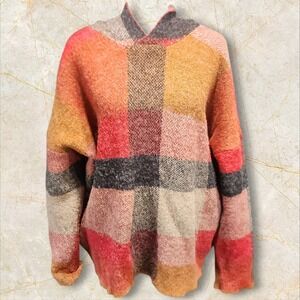 Hooded‎ 2X Knit Sweater Colorful Patchwork Pullover Cozy Fall Tones
